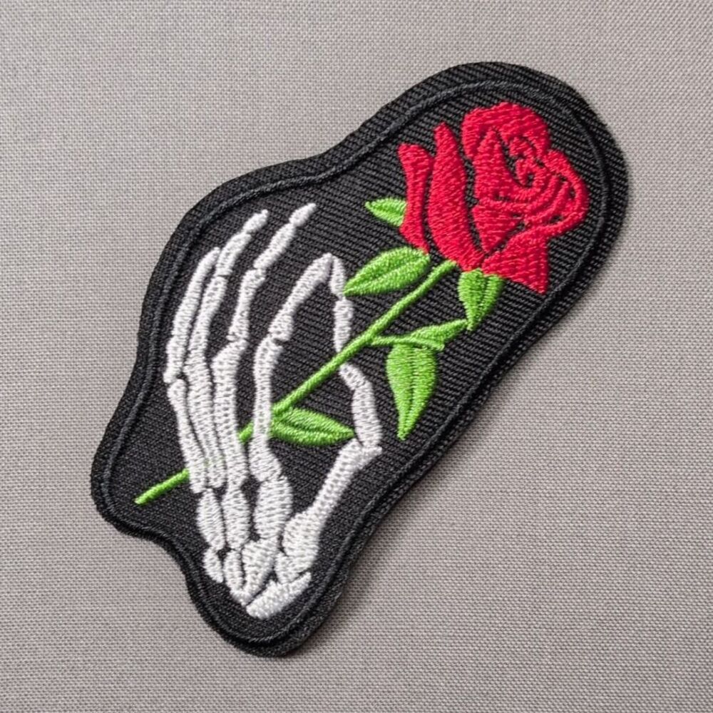 Skeleton Hand Holding Red Rose Iron On Patch | Gothic Patch